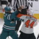 Nicolas Deslauriers of the Philadelphia Flyers fights with Givani Smith of the San Jose Sharks.
